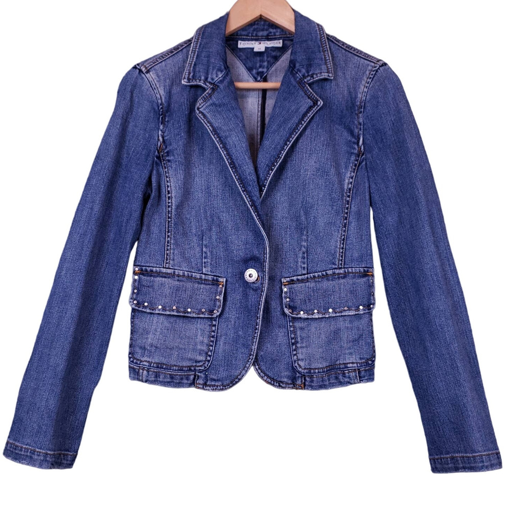 Vintage Tommy Hilfiger Women’s Denim Jacket Medium Blue Single Button Jean Coat‎